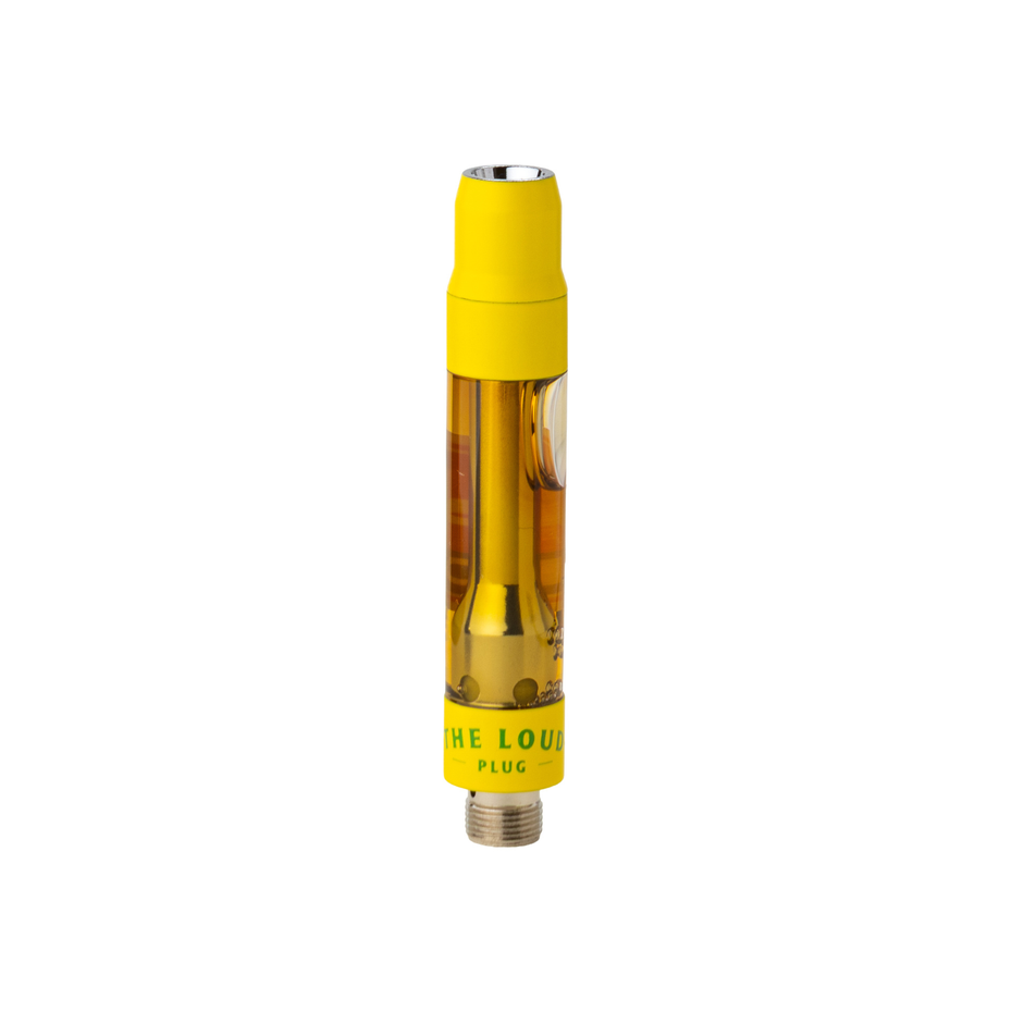 A single disposable vape pen device by The Louie Plug, featuring a bright yellow mouthpiece and base, with a clear cylindrical body showing amber-colored liquid inside, set against a plain white background.