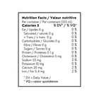 A Nutrition Facts label showing a product's nutritional information, including calories, fat, protein, carbohydrates, and minerals, printed in black on a white background.