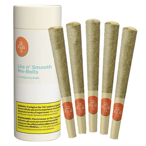 Pre-rolled joints with a packaging tube labeled 'Hi FUEL U' on a white background