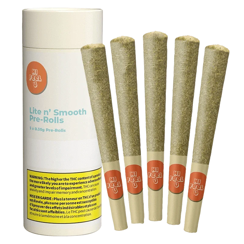 Pre-rolled joints with a packaging tube labeled 'Hi FUEL U' on a white background