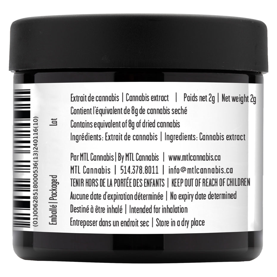 Back side of a black plastic jar of MTL Cannabis CBD extract, showing the white label with product details, barcode, and text in English and French.