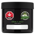 A black plastic jar of MTL Cannabis 'sage n' sour' hashish, featuring a red and white THC warning label and a green and silver MTL Cannabis logo on the front.