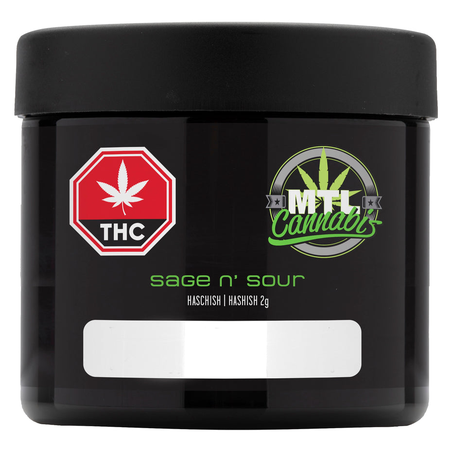 A black plastic jar of MTL Cannabis 'sage n' sour' hashish, featuring a red and white THC warning label and a green and silver MTL Cannabis logo on the front.