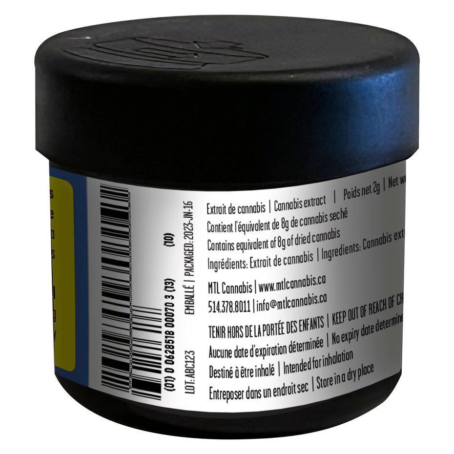 A black plastic jar of MTL Cannabis extract with a white and blue label, photographed against a white background.