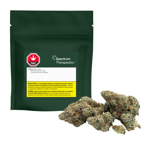 Green packaging of Spectrum Therapeutics with cannabis buds on a white background