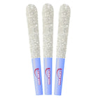Three glittery sticks with blue handles and red logos on a white background