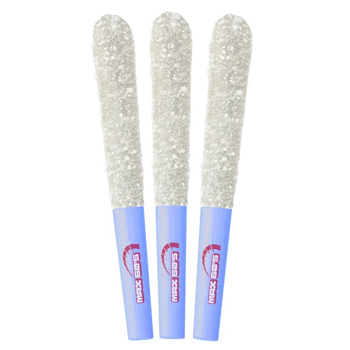 Three glittery sticks with blue handles and red logos on a white background