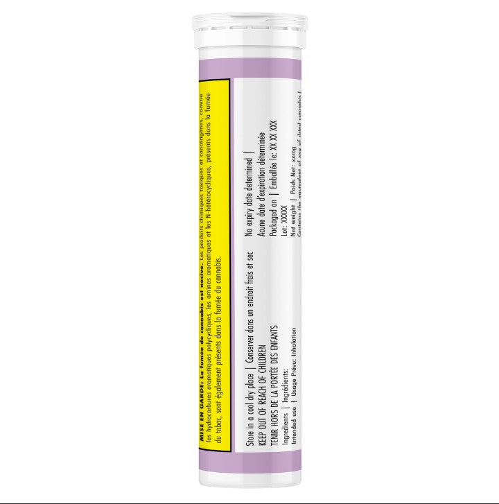 Medication tube with purple and yellow label on a white background