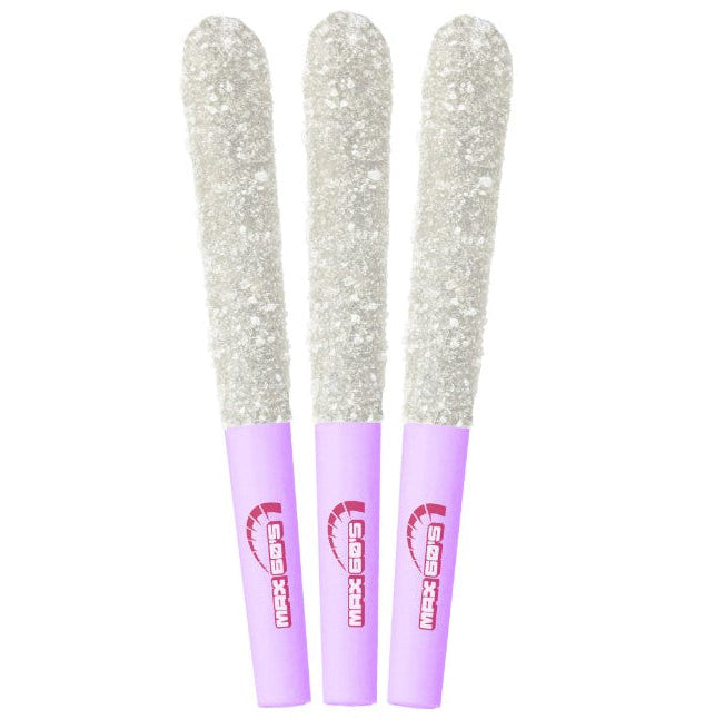 Three glittery tools with purple handles on a white background
