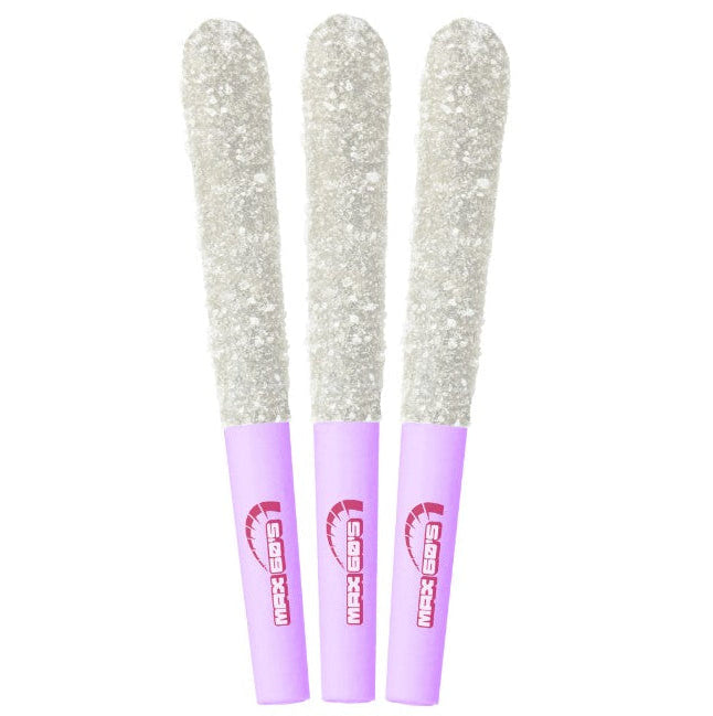 Three glittery tools with purple handles on a white background