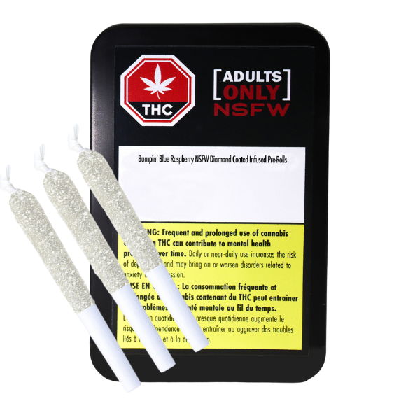 Product packaging for NSFW Bumpin’ Blue Raspberry Diamond Coated Infused Pre-Rolls with THC warning label, indicating adult usage.