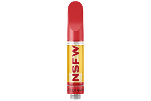 Red and yellow vape pen with 'NSFW' text on a white background