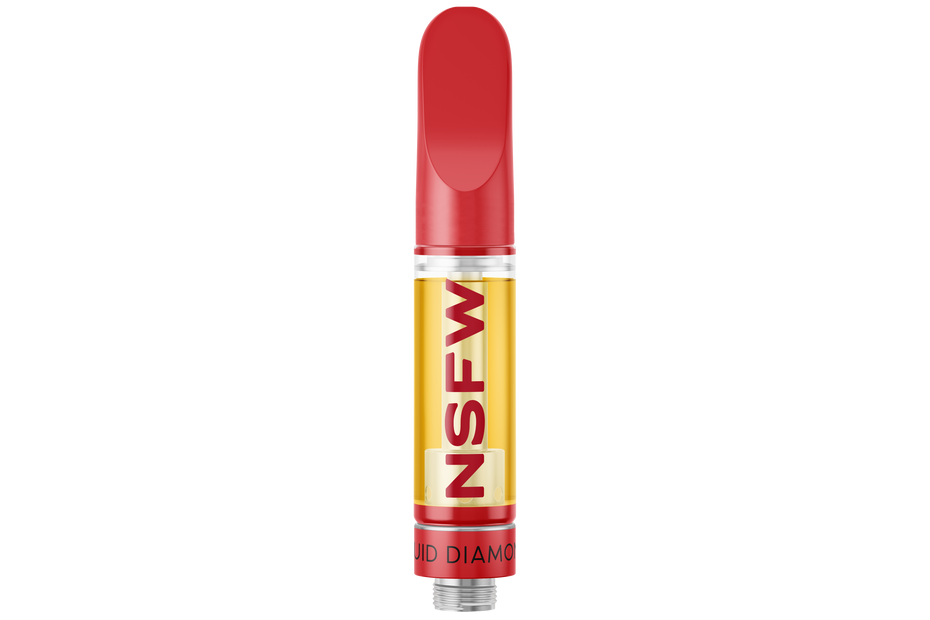 Red and yellow vape pen with 'NSFW' text on a white background