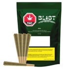 A dark green bag of BLAST Nova live rosin infused pre-rolls with several tan pre-rolls displayed in front on a white background.