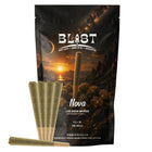 A black stand-up pouch of Blast Nova live rosin infused pre-rolls, shown with several rolled cones and two loose cones in front on a plain white background.