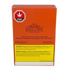 A rectangular orange box of balcony premium edibles peanut butter THC bites, featuring a red and white THC logo, decorative branding, and a yellow warning label on a white background.