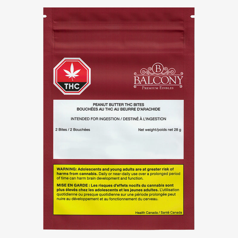 Red packaging of Balcony Premium Edibles with THC warning label