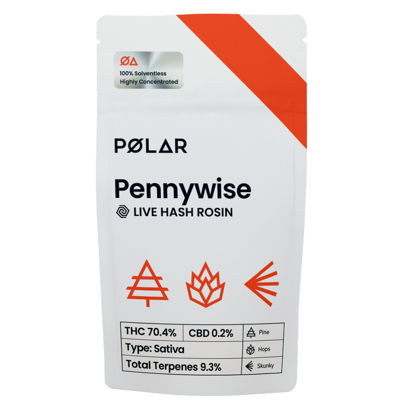 Polar Pennywise Live Hash Rosin packaging with red and black text on a white background