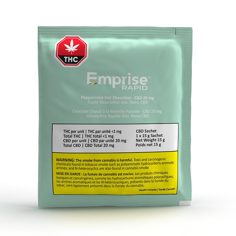 Packaging of Emprise Peppermint Hot Chocolate with 20mg CBD content, in a sealed sachet with branding and dosage information.