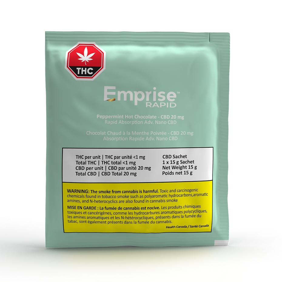 Packaging of Emprise Peppermint Hot Chocolate with 20mg CBD content, in a sealed sachet with branding and dosage information.