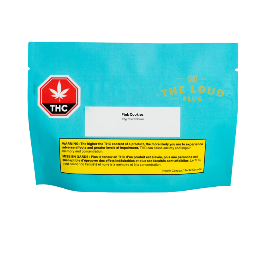 A bright turquoise stand-up pouch of THC flower from The Loud Plug, featuring a red octagonal THC logo and a white label for 'Pink Cookies' (10g).