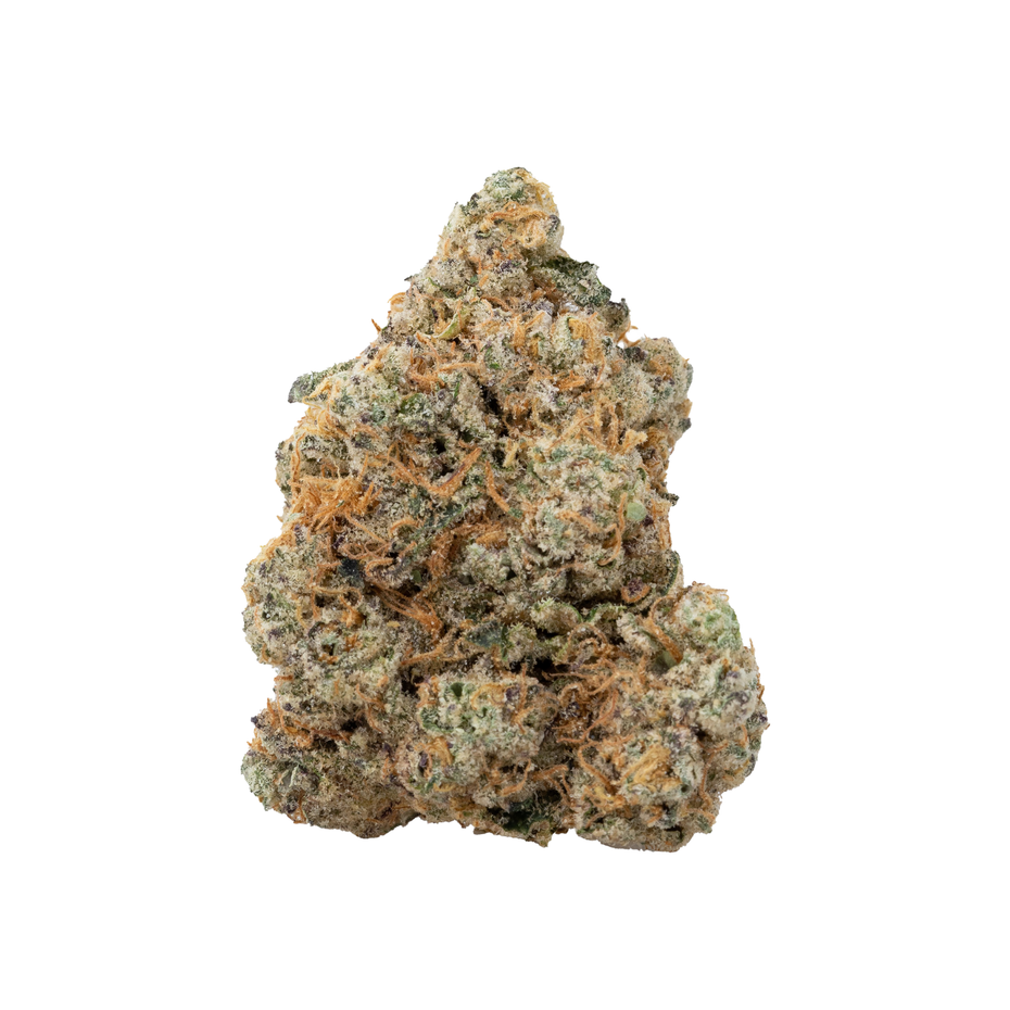 A single dried cannabis bud cluster with green, orange, and white trichome coverage, isolated on a solid white background.