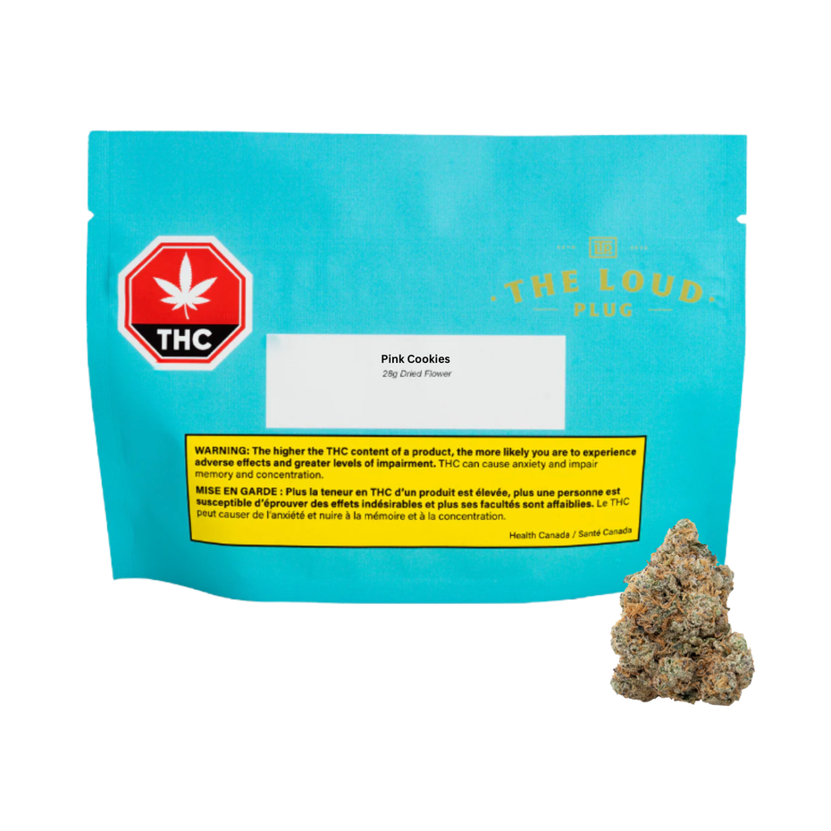 A bright turquoise stand-up pouch labeled 'Pink Cookies' by The Loud Plus, shown on a white background with a small cannabis bud placed in front of the package.