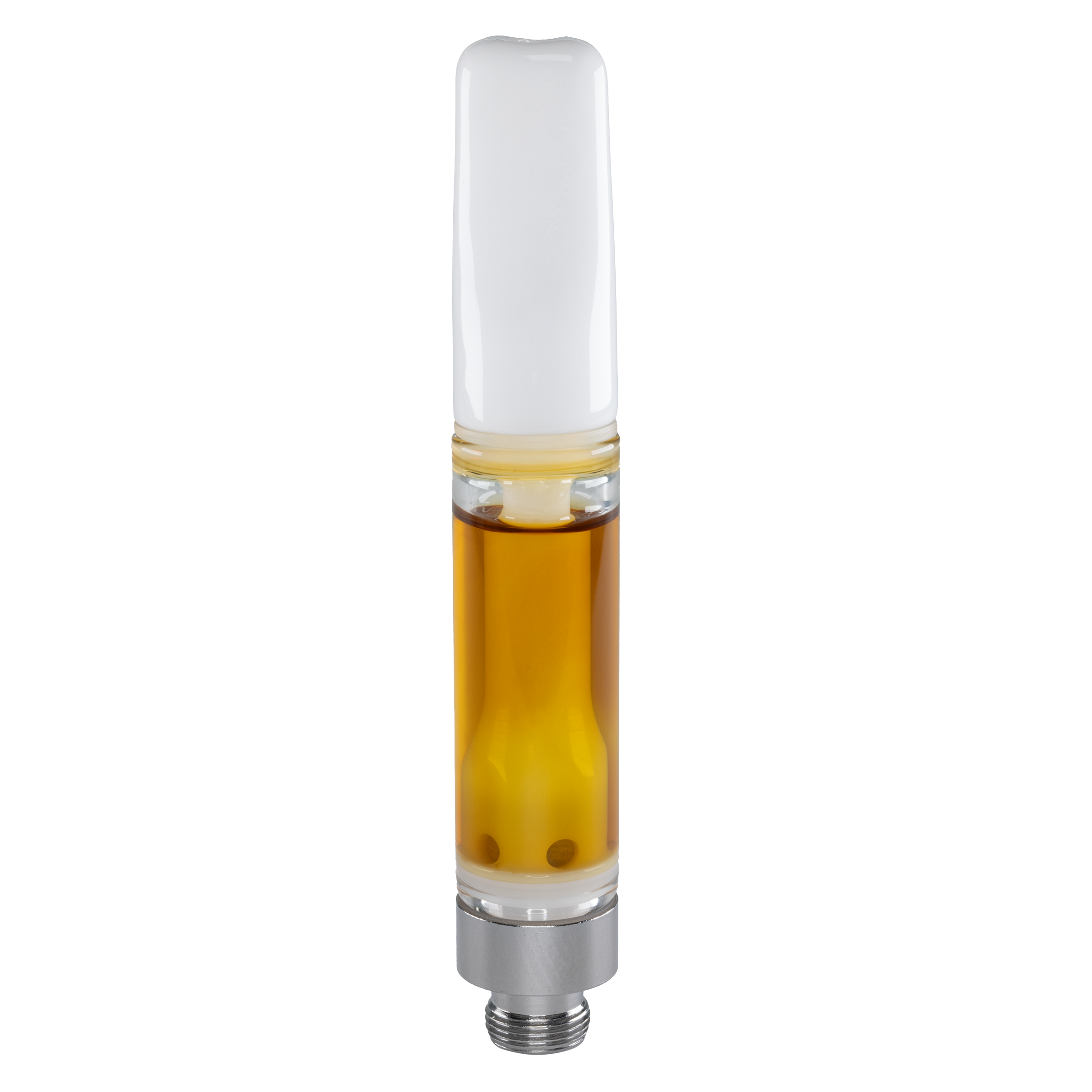 Vape cartridge with amber liquid on a white background