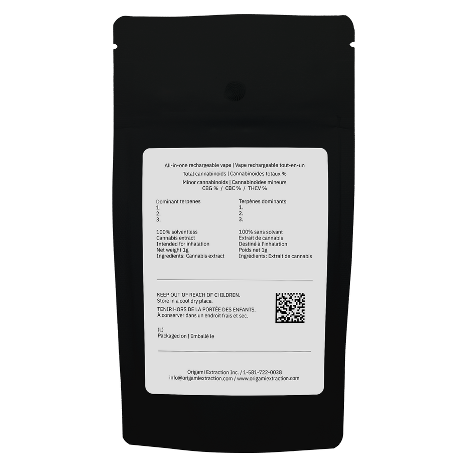 A black resealable pouch with a white printed label on the back, photographed against a plain white background. The label contains product information, a QR code, and small text including 'Origins Extraction Inc.