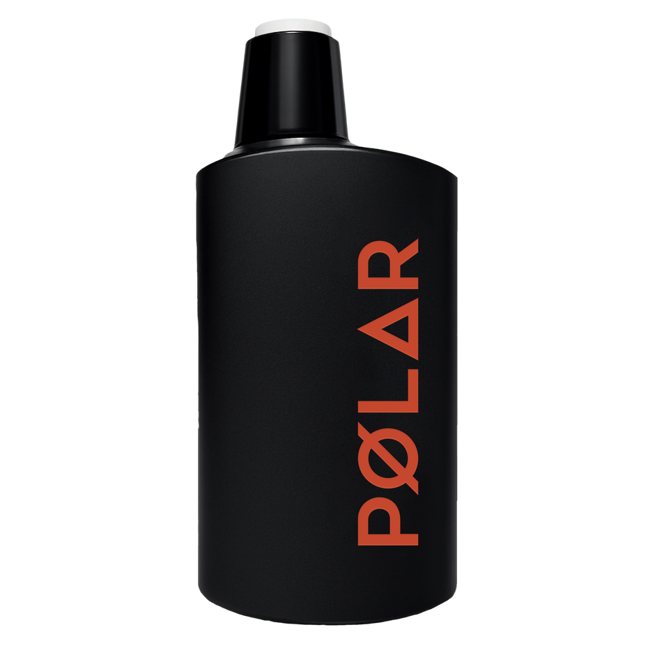 A black cylindrical bottle with a black cap, featuring the word 'PØLAR' printed vertically in orange on the front, set against a plain white background.