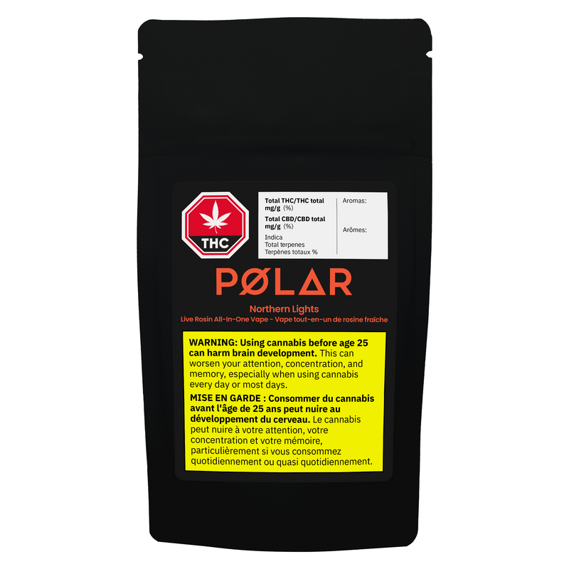 Black package of Pølar Northern Lights with THC label and warning text on a white background