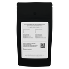 Black packaging with a white label containing text and a QR code on a white background