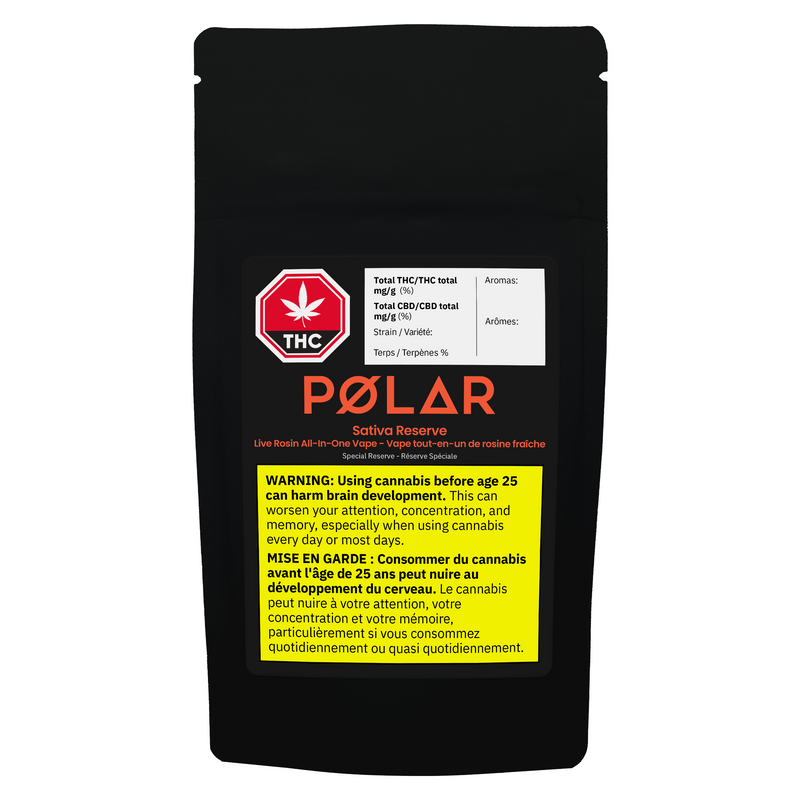 Black package of Pølar Sativa Reserve with THC label on a white background