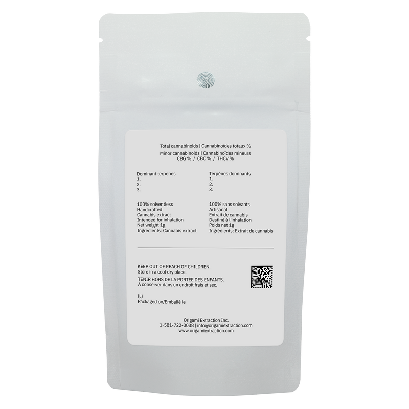 Back of a white cannabis packaging with text and QR code on a white background