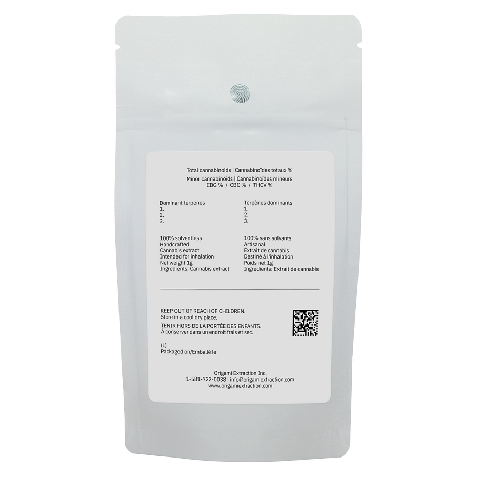 Back of a white cannabis packaging with text and QR code on a white background
