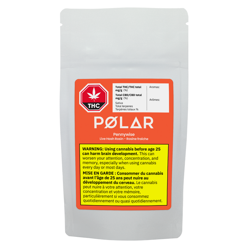 Polar cannabis product packaging with warning label on a white background