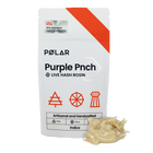 A stand-up pouch of POLAR Purple Pnch Live Hash Rosin, featuring a white and orange design with a small pile of pale yellowish-beige hash rosin in front, on a white background.