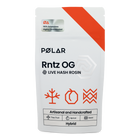 A white stand-up pouch of PØLAR Rntz OG Live Hash Rosin, featuring a bold orange diagonal stripe, orange icons, and a gray '100% Solventless Highly Concentrated' label on a clean white background.