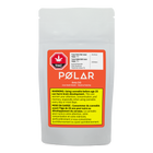 A gray stand-up pouch of POLAR Purple Frisch live hash rosin, featuring a prominent orange and yellow label with a red THC logo and product details.