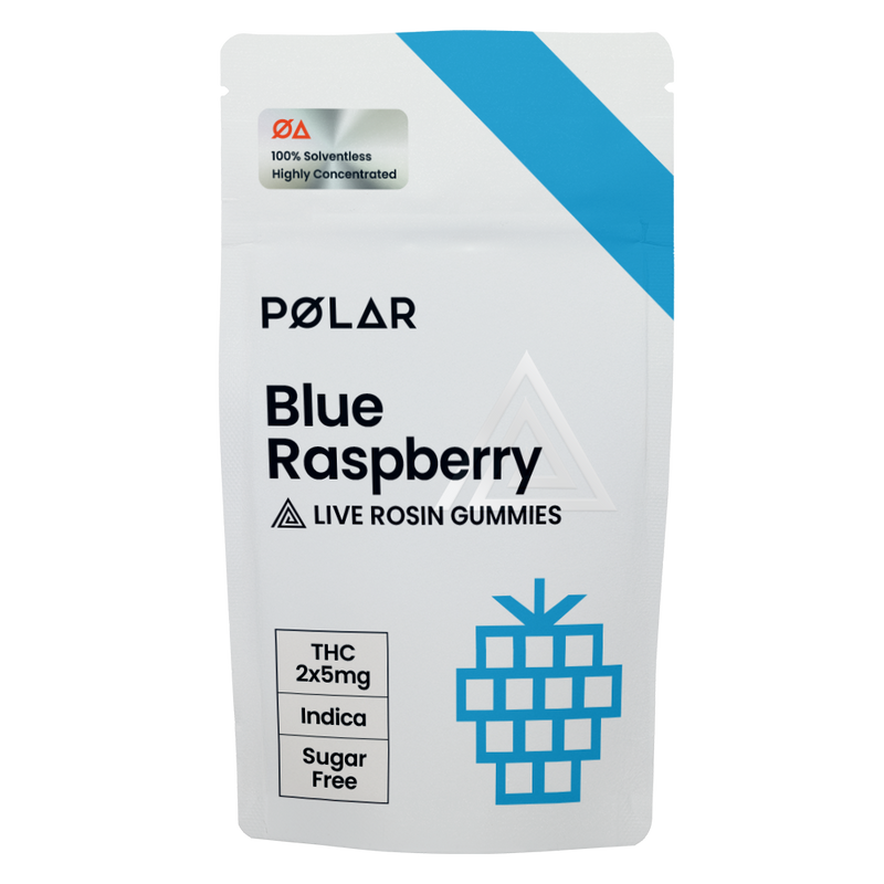 Polar Blue Raspberry live rosin gummies packaging on a white background