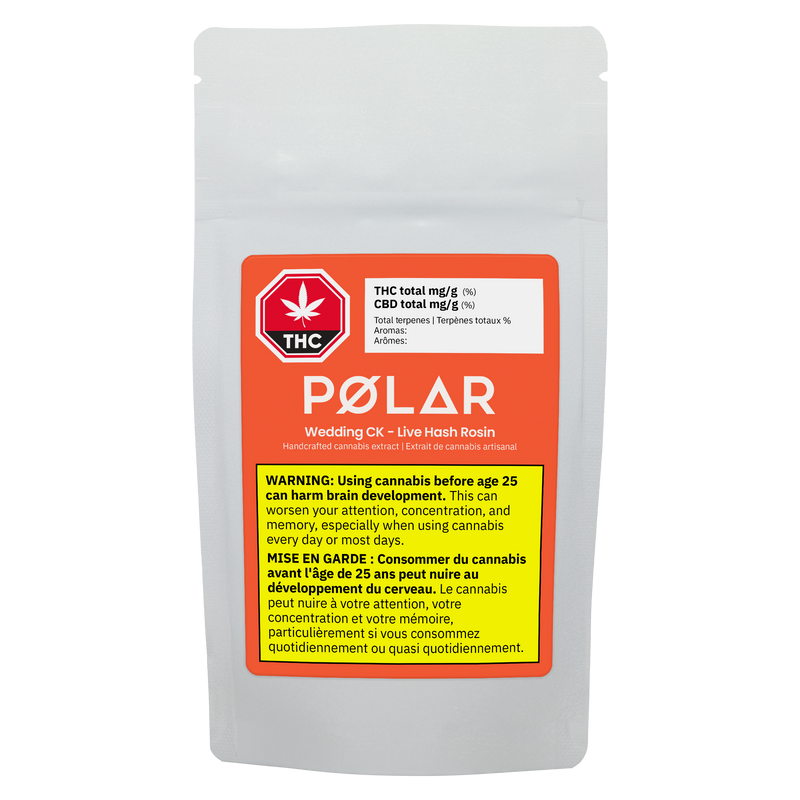 Polar wedding cake Live Hash Rosin Concentrate packaging with THC label