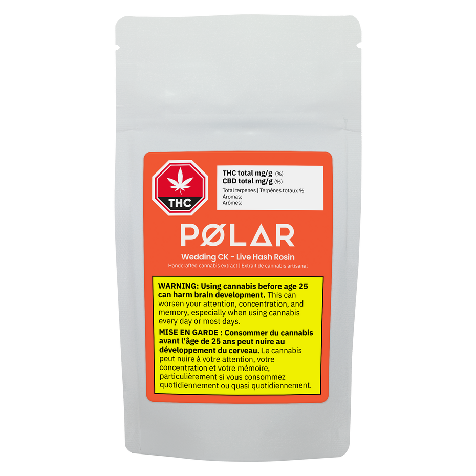 Polar wedding cake Live Hash Rosin Concentrate packaging with THC label