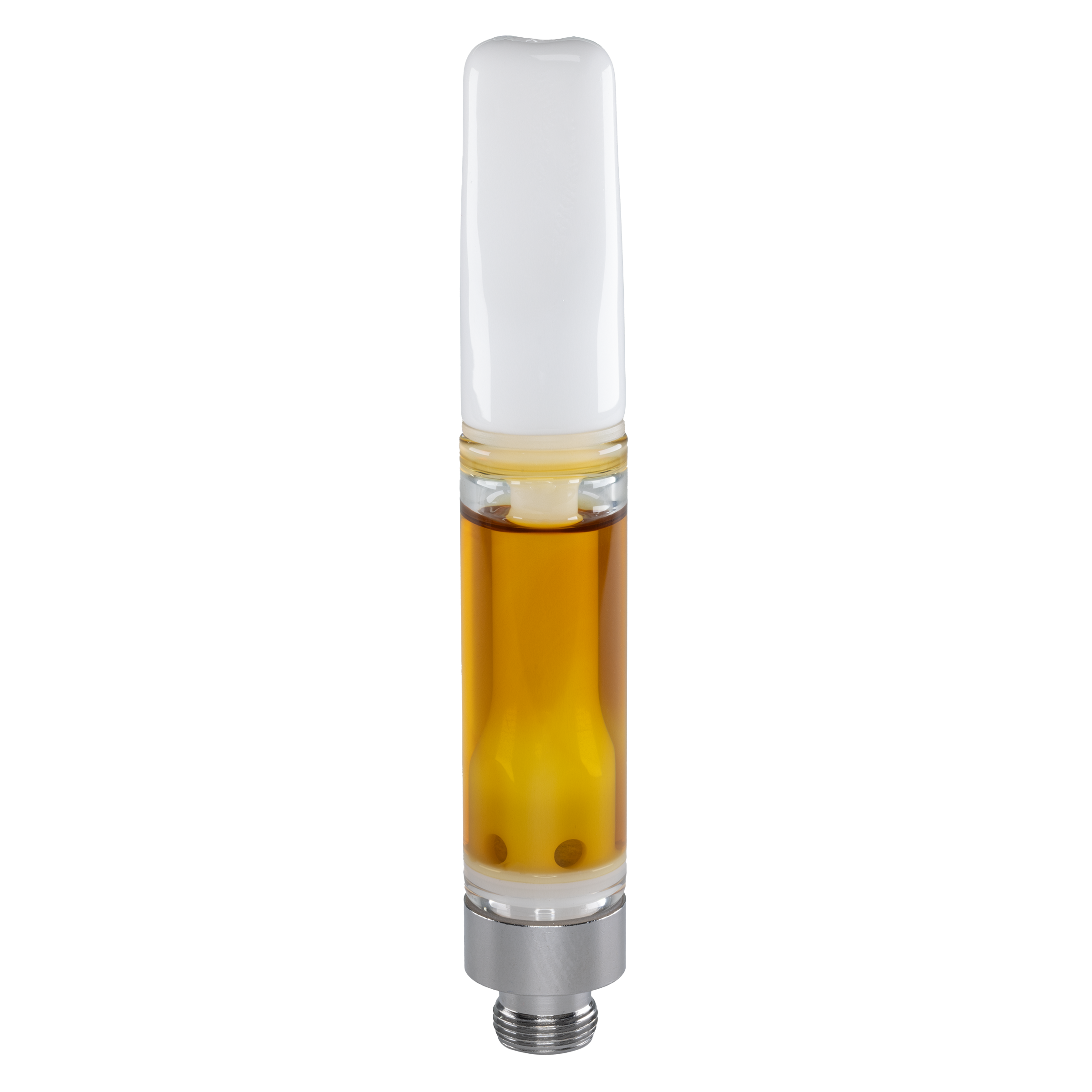 Vape cartridge with amber liquid on a white background