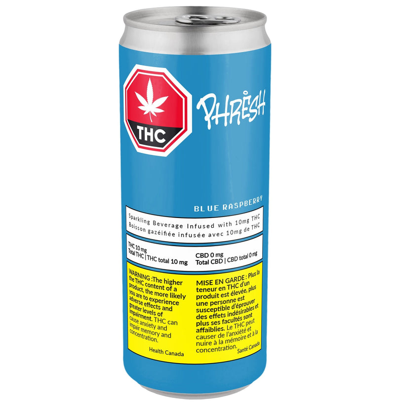 Blue can with THC logo and 'Phresh' branding on a white background