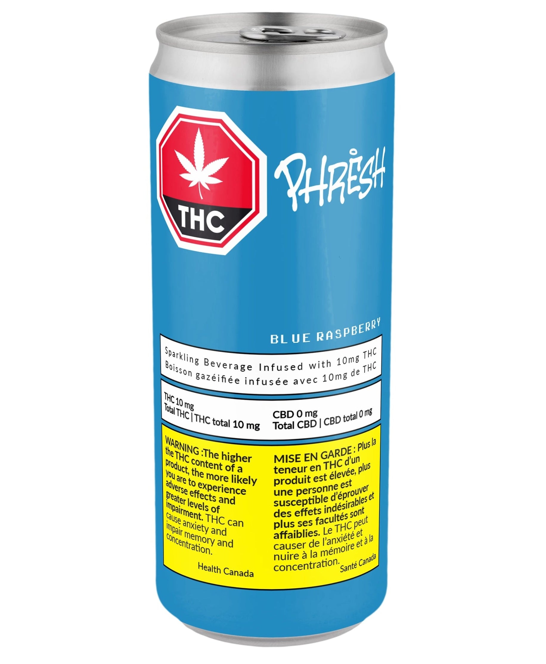 Blue can with THC logo and 'Phresh' branding on a white background