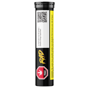 Black and yellow vape pen with RAD branding and THC warning label on a white background