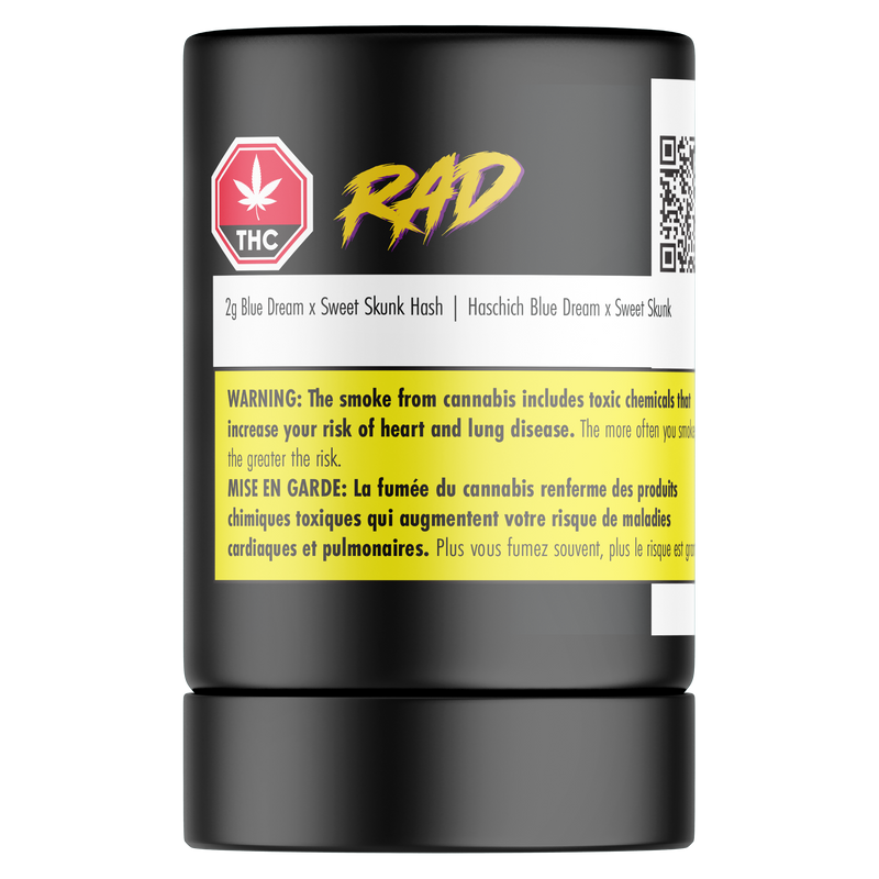 Black container with yellow and white label featuring the brand 'RAD' on a white background