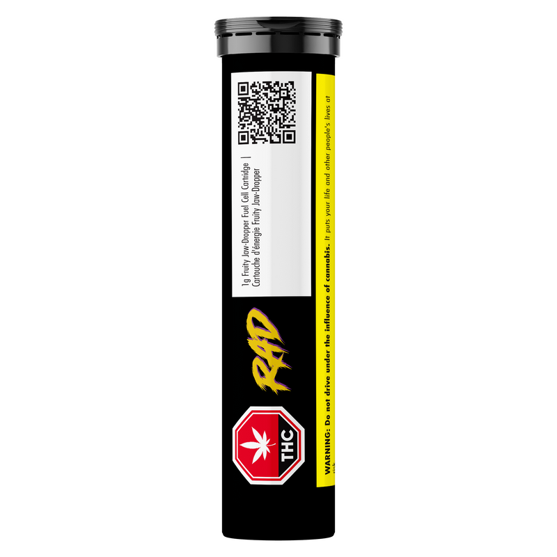 Black cylindrical container with a label featuring a red and white 'THC' symbol and yellow text on a white background.