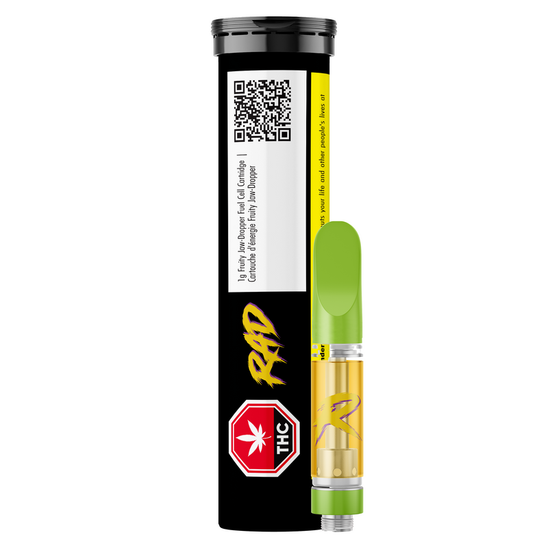 Vape pen with a black and yellow packaging featuring a QR code and THC logo on a white background.