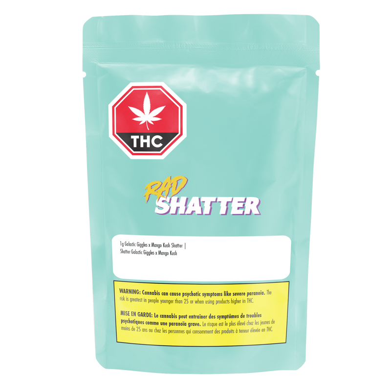 Mint green packaging of 'Rad Shatter' with THC logo on a white background